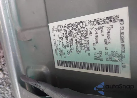 2005 Nissan Quest 3.5 S z USA, uszkodzony, nr VIN 5N1BV28U55N101358